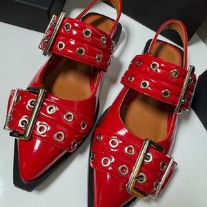 Red Patent Leather Buckle Slingback Flats